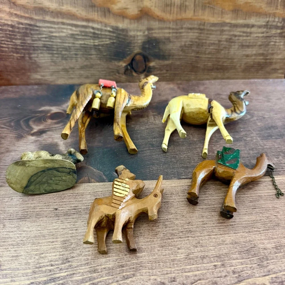 Vintage Hand Carved Olive Wood Nativity Animal Figurines Set of 5 Camels Donkey
